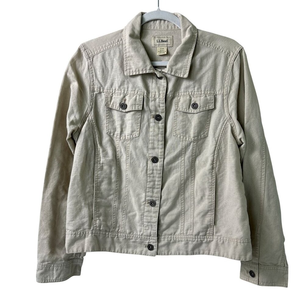 LL Bean Utility Jacket Womens M Reg Tan Linen Blend Pockets Button Front